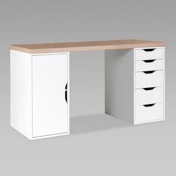 Стол письменный Ингар, с дверцей и 5 ящиками, 140x75x55, белый, столешница дуб беленый