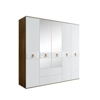 Шкаф 5-ти дверный с зеркалами, с ящиками, Bogemia Woodline Fa (Белый/Золото) БМШ1/51(Fa)