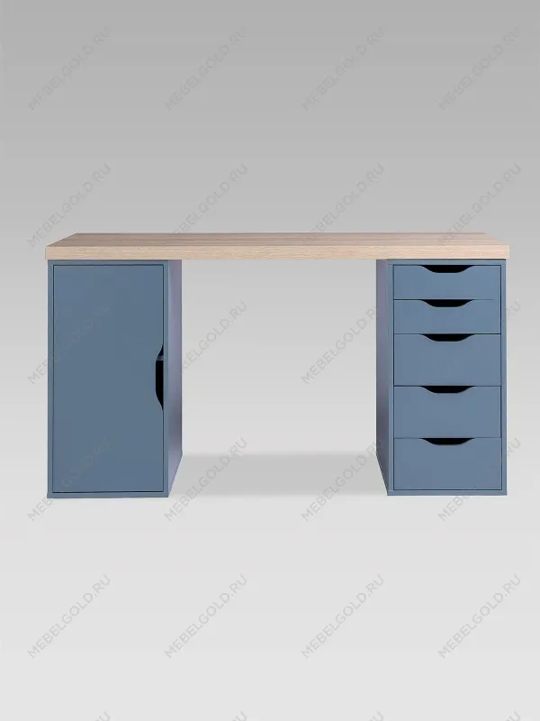 Стол письменный Ингар, с дверцей и 5 ящиками, 140x75x55, серо-бирюзовый/черный, столешница дуб беленый | изображение 7