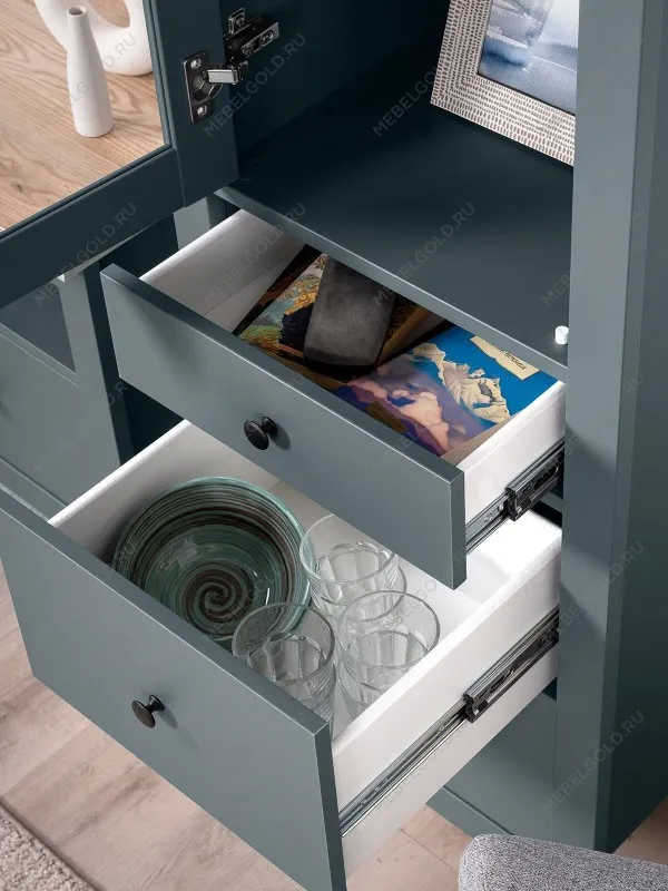 Шкаф с витриной Сага, 50х41х215 см, темно-бирюзовый/ясень | изображение 5