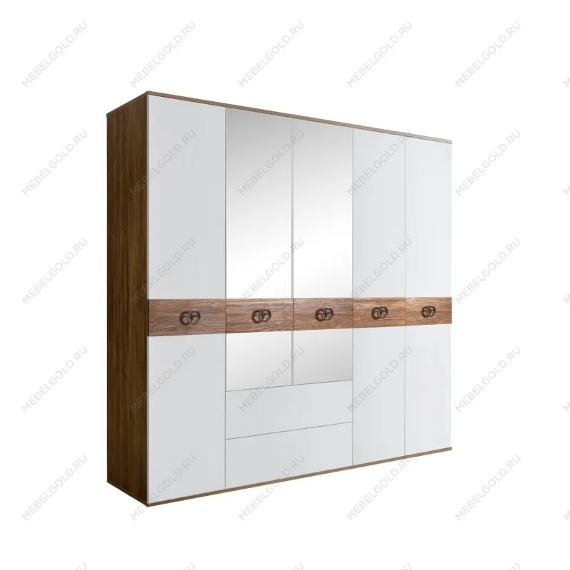 Шкаф 5-ти дверный с зеркалами, с ящиками, Bogemia Woodline Wood Fi (Белый/Хром) БМШ1/51(Wo)