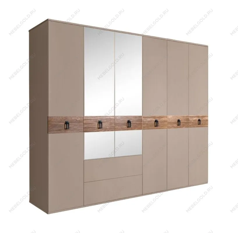 Шкаф 6-ти дверный с зеркалами, с ящиками, Bogemia Wood Fa (Мокка/Черный) БМШ1/61(Wo)