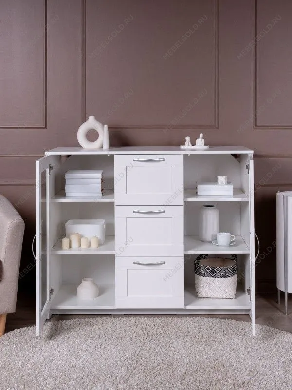 Тумба Сириус, 2 двери со стеклом и 3 ящика, 117х41х95 см, белая | изображение 1