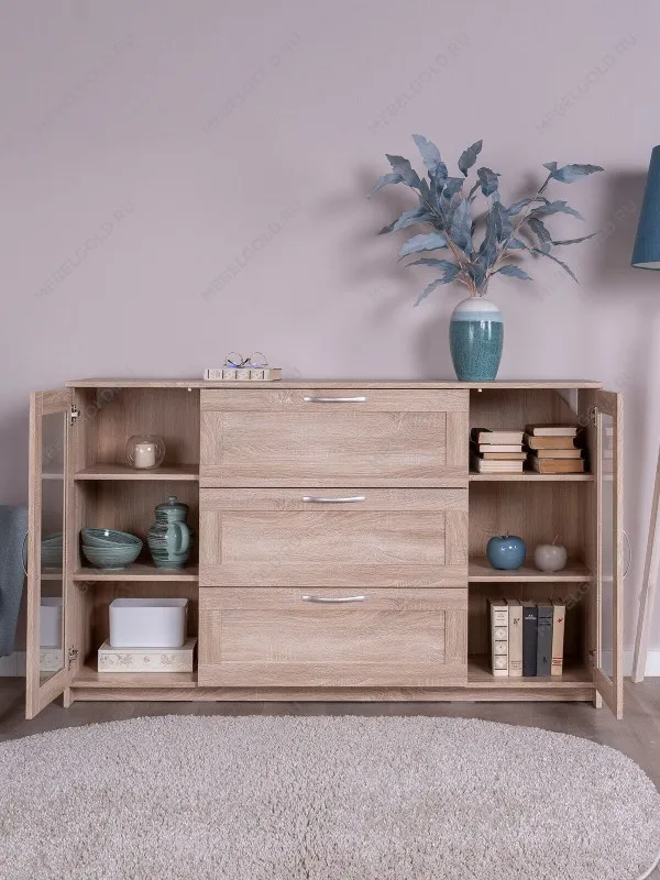 Тумба Сириус, 2 двери со стеклом и 3 ящика, 156х41х95 см, дуб сонома | изображение 1