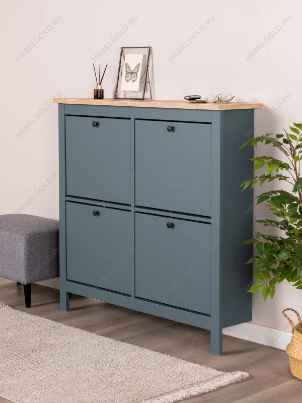 Обувница Сага с 4 откидными ящиками 113х108 темно-бирюзовая-ясень | изображение 1