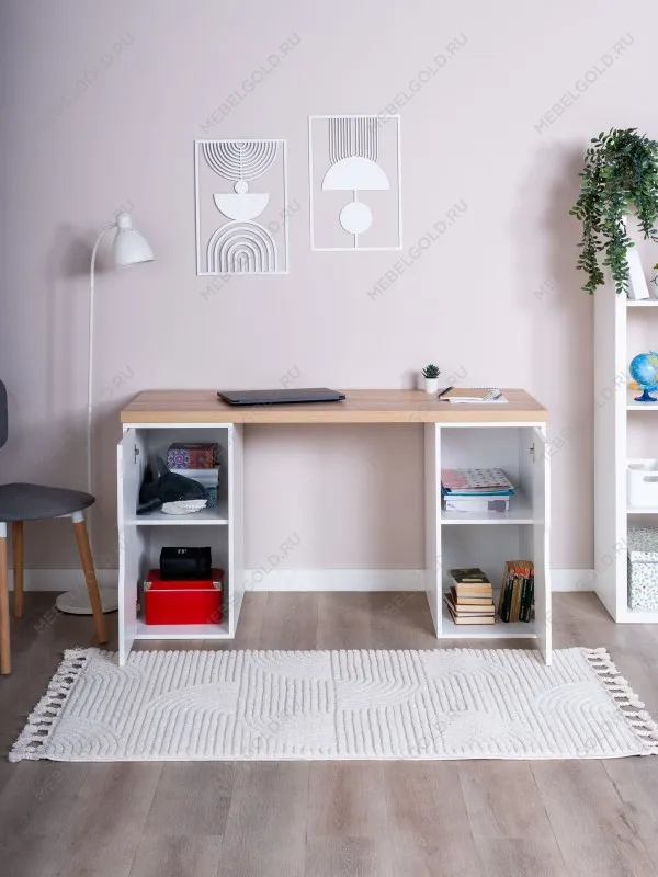 Стол письменный Ингар, с двумя дверцами, 140x75x55, белый, столешница дуб беленый | изображение 1