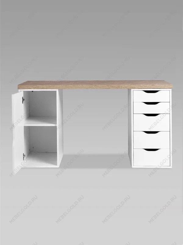 Стол письменный Ингар, с дверцей и 5 ящиками, 140x75x55, белый, столешница дуб беленый | изображение 11