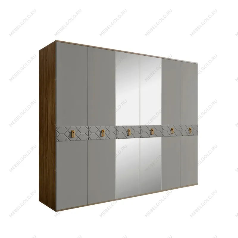 Шкаф 6-ти дв. с зеркалами Bogemia Woodline Fa (Серый/Золото) БМШ1/6(Fa)