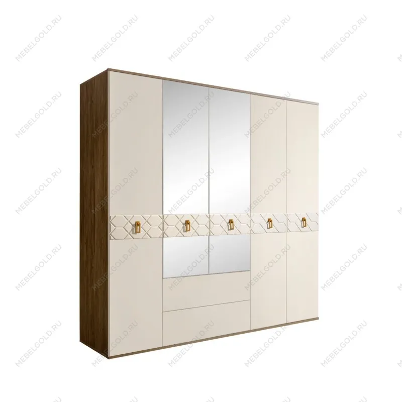 Шкаф 5-ти дверный с зеркалами, с ящиками, Bogemia Woodline Fa (Слоновая кость/Золото) БМШ1/51(Fa)