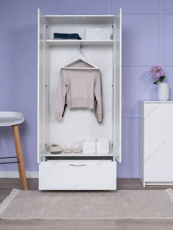 Шкаф Сириус узкий, с выдвижной вешалкой, 2 двери и 1 ящик, 78х41х190 см, белый | изображение 1