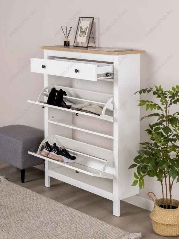 Обувница Сага с 2 откидными ящиками 92х122 белая-ясень | изображение 2