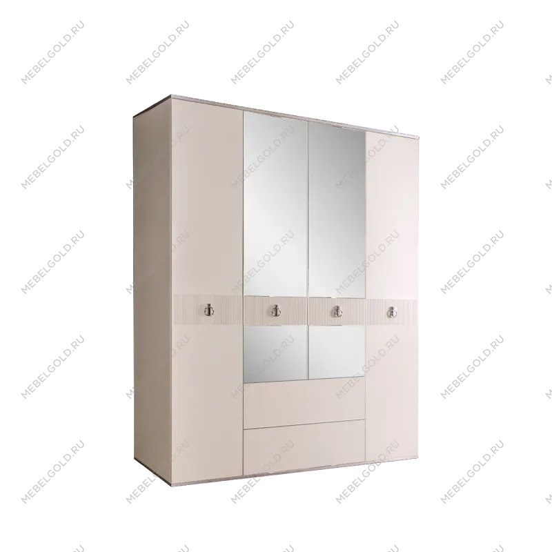 Шкаф 4-х дверный с зеркалом, с ящиками Римини СОЛО (Слоновая кость/Серебро) РМШ1/41(s)