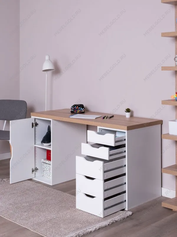 Стол письменный Ингар, с дверцей и 5 ящиками, 140x75x55, белый, столешница дуб беленый | изображение 3