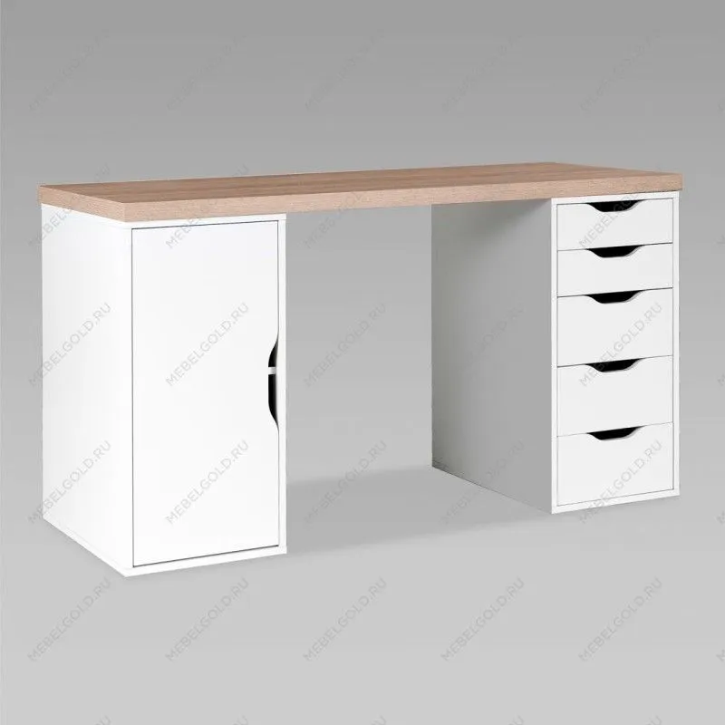 Стол письменный Ингар, с дверцей и 5 ящиками, 140x75x55, белый, столешница дуб беленый