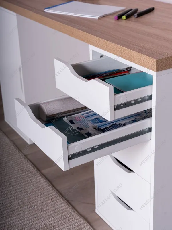 Стол письменный Ингар, с дверцей и 5 ящиками, 140x75x55, белый, столешница дуб беленый | изображение 5