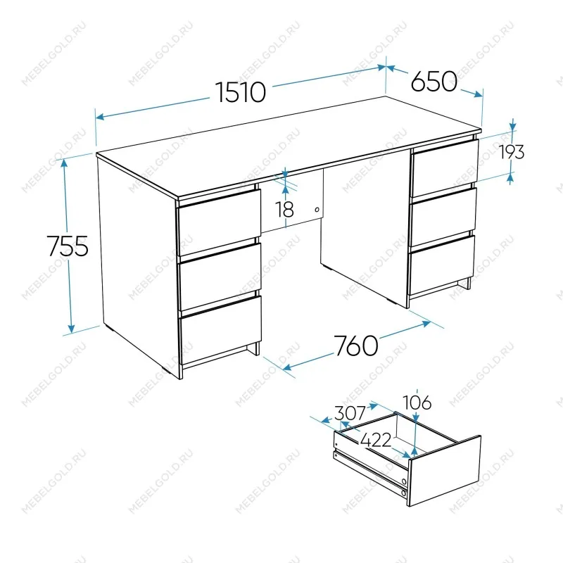 Стол письменный Кастор, 6 ящиков, 151х65х75 см, дуб сонома | изображение 15