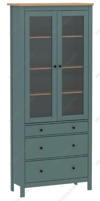 Шкаф с витриной Сага, 90х41х215 см, темно-бирюзовый/ясень