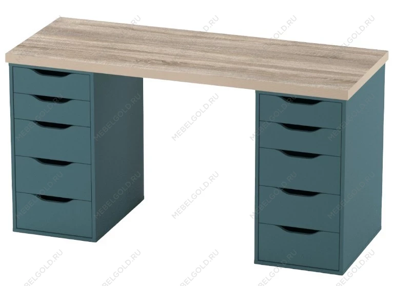 Стол письменный Ингар, 10 ящиков, 140х75х55 см, серо-бирюзовый, столешница дуб беленый