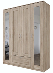 Шкаф Сириус, 4 двери и 1 ящик с зеркалами, 156х50х190 см, дуб сонома