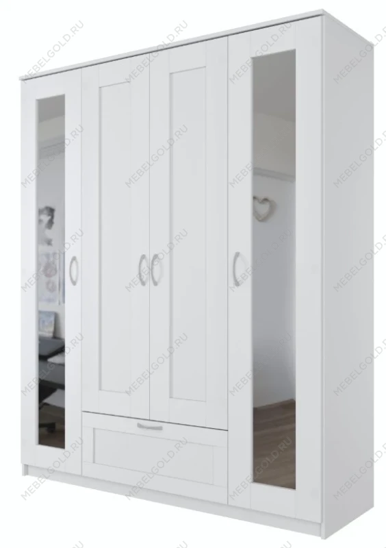 Шкаф Сириус, 4 двери и 1 ящик с зеркалами, 156х50х190 см, белый