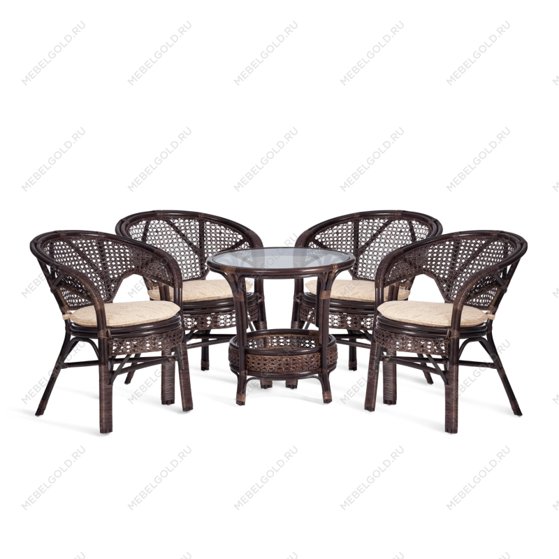 Комплект PELANGI 02/15 ( стол со стеклом + 4 кресла ) [с подушками], ротанг, кресло 65х65х77см, стол диаметр 64х61см, walnut (грецкий орех)