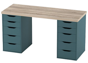 Стол письменный Ингар, 10 ящиков, 140х75х55 см, серо-бирюзовый, столешница дуб беленый