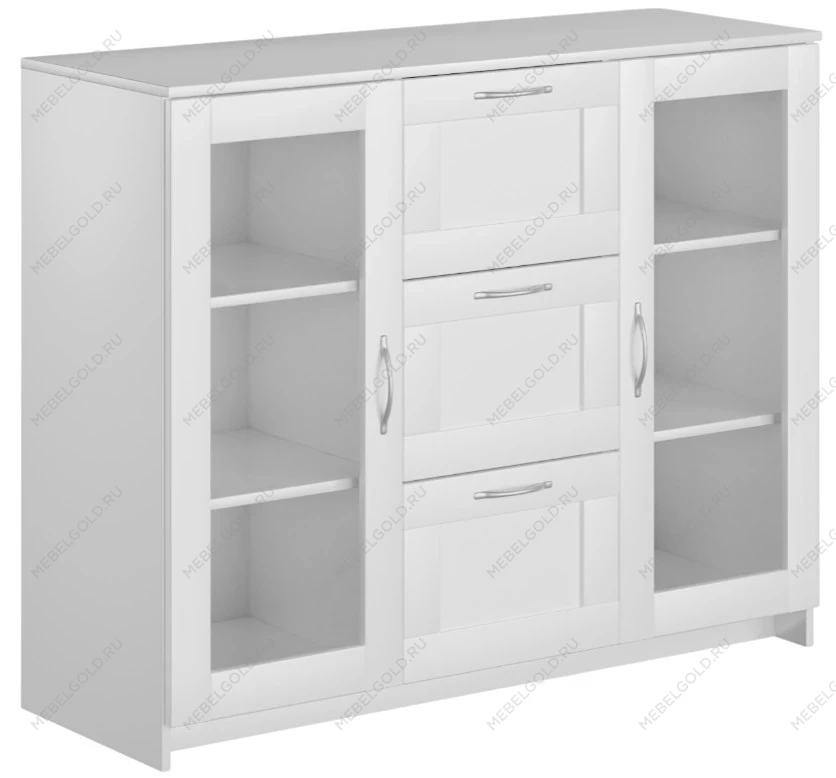 Тумба Сириус, 2 двери со стеклом и 3 ящика, 117х41х95 см, белая