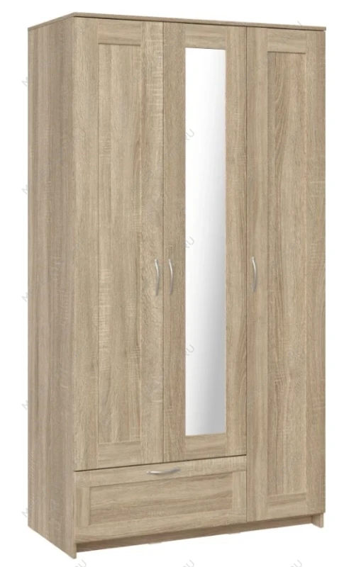 Шкаф Сириус, 3 двери и 1 ящик с зеркалом, 117х59х220 см, дуб сонома